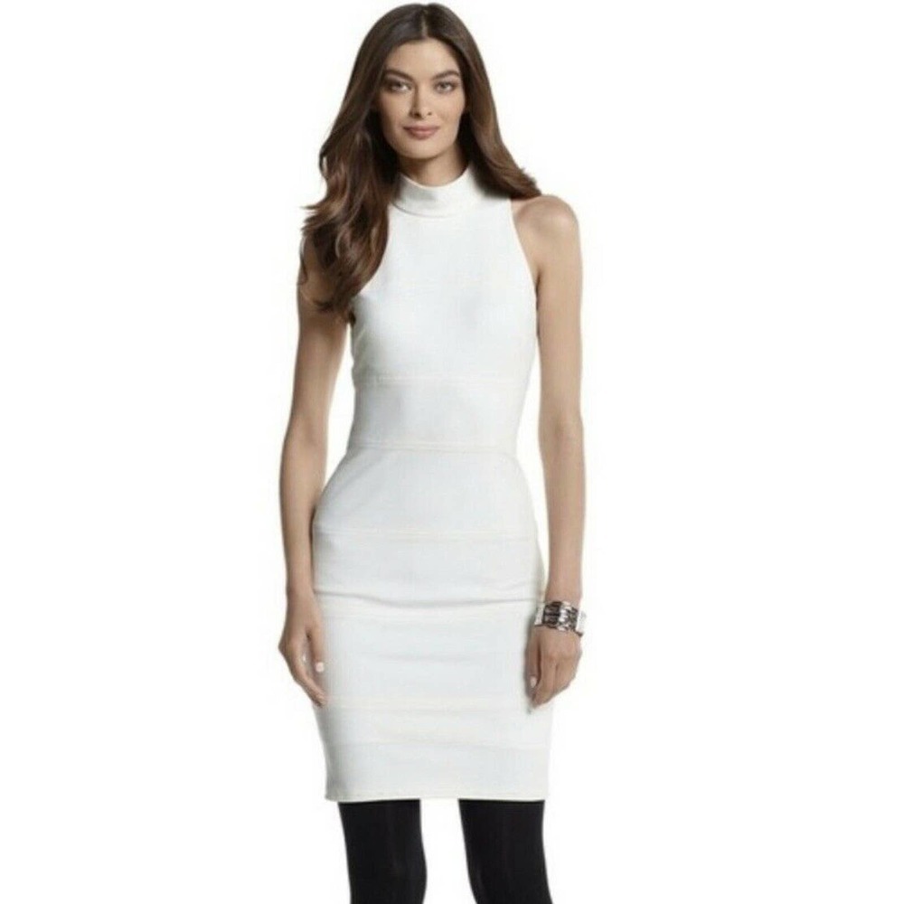 White House Black Market Dress Womens Ponte Cream Sheath Mockneck 570058012 Sz 0